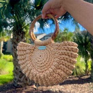 Steve Madden Cream Woven Mini Bag with Wooden Handles